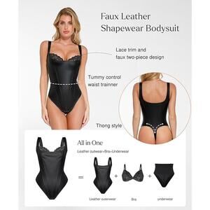 NWT Popilush Popilush Faux Leather Lace Bra Shapewear Bodysuit Small Black Thong